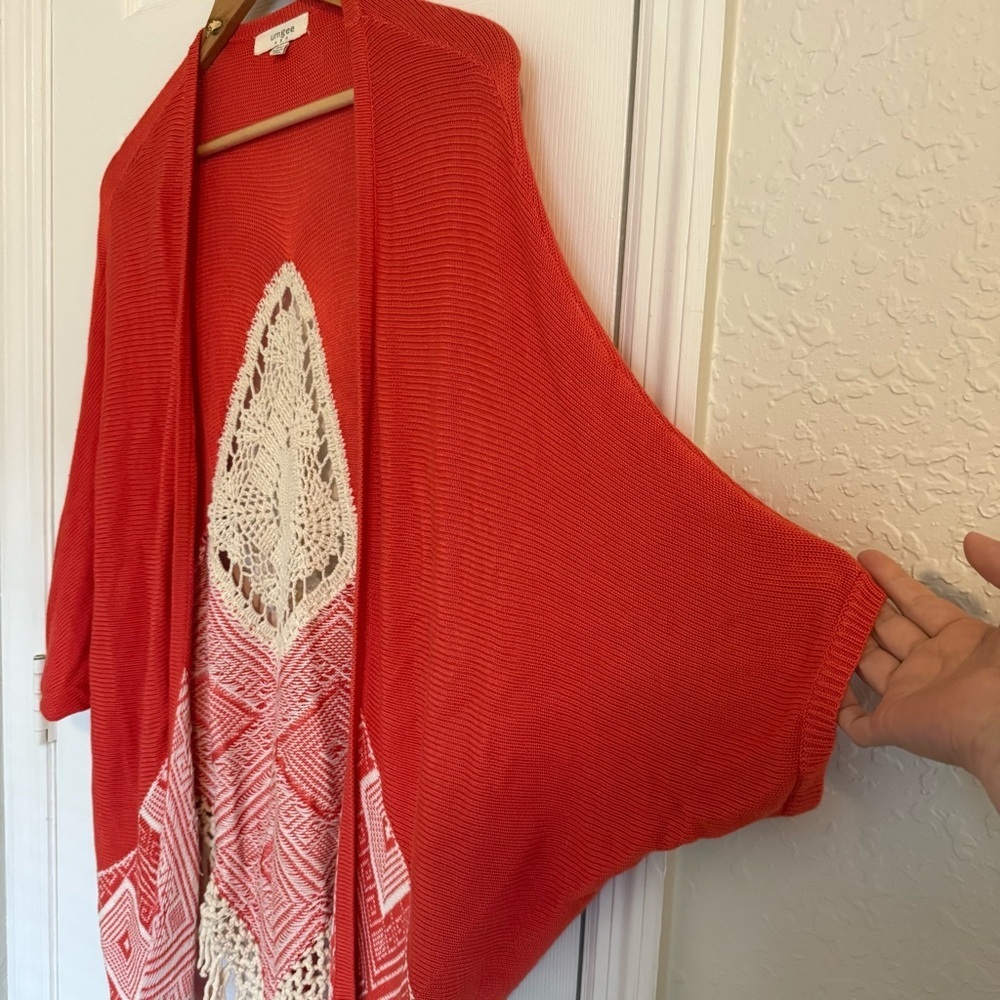 Umgee Knit Sweater Cover Up kimono Open Front Sweater Red/Orange M/L Boho Cozy - Picture 3 of 7
